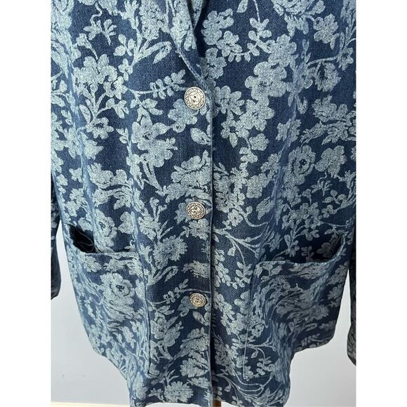 Retro Tudor Court Women’s L Blue Floral Button Up Denim Blazer - Picture 3 of 9